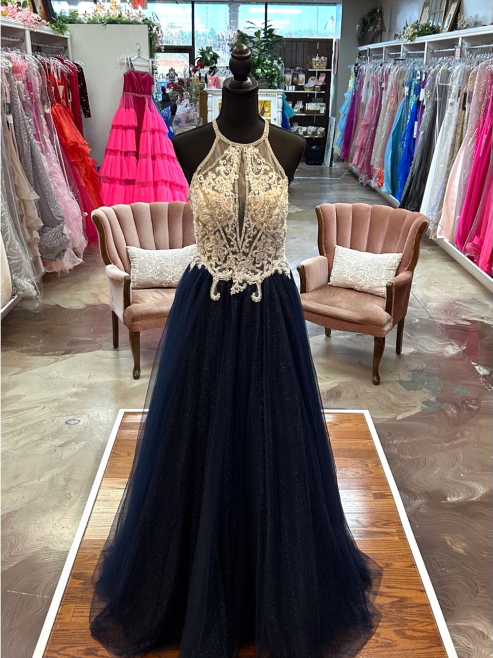 Embellished Ivory Bodice Navy Tulle Prom Dress